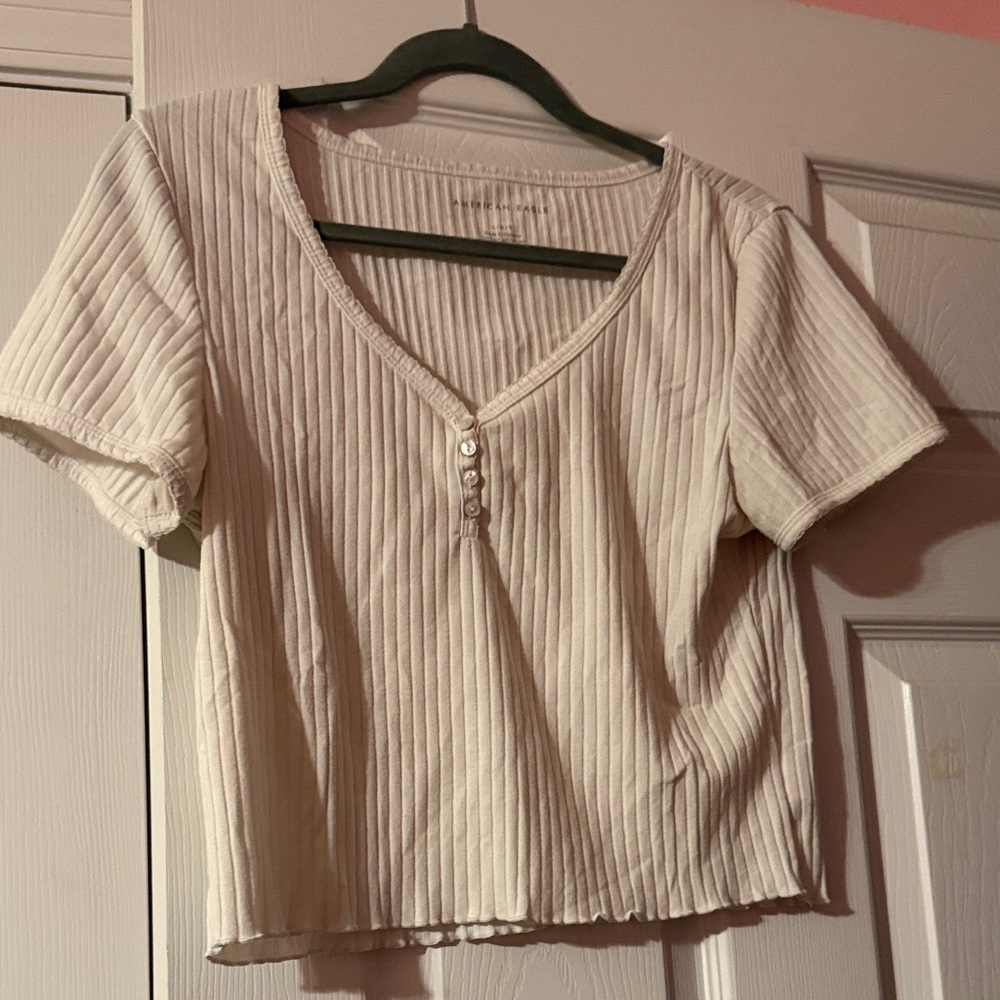 American Eagle Outfitters Beige Ribbed Short Sleeve Top